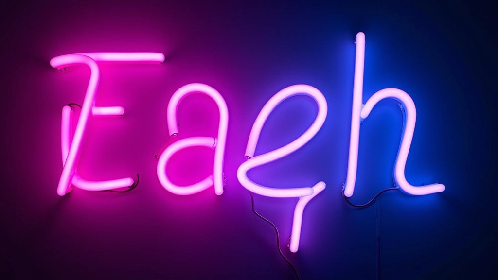 Close-up of bright cyan and magenta neon text on dark background, sharp contrast example