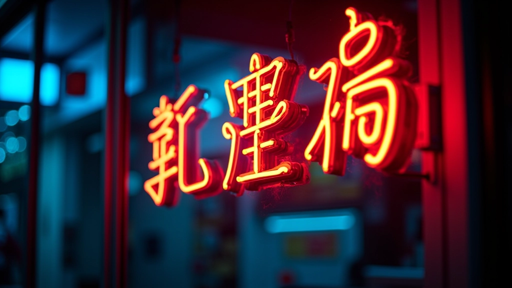 Close-up detail of neon shop sign with bright cyan characters and warm orange accents glowing against dark storefront window