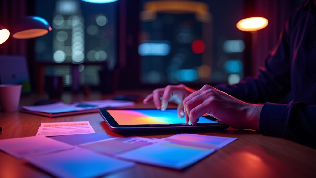 Designer sketching gradient animation concepts on tablet with neon colour swatches visible on desk