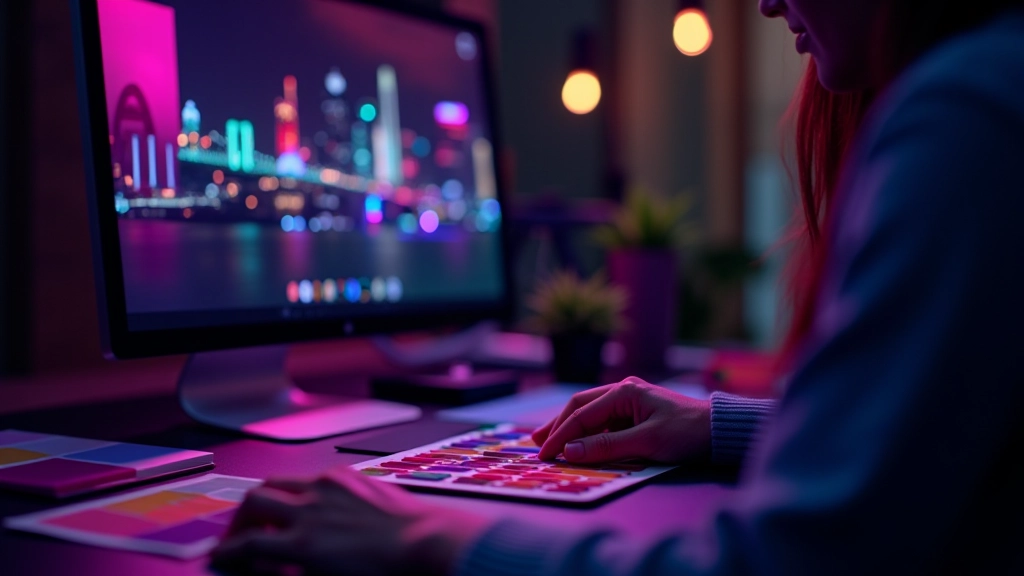 Designer's workspace showing color swatches and digital palette with neon cyan, magenta, and yellow tones arranged on screen