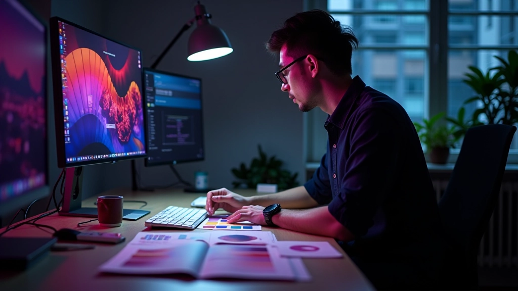 Designer working at desk with colour swatches, sketch materials, and neon colour samples spread out, bright studio workspace with modern monitors showing design work