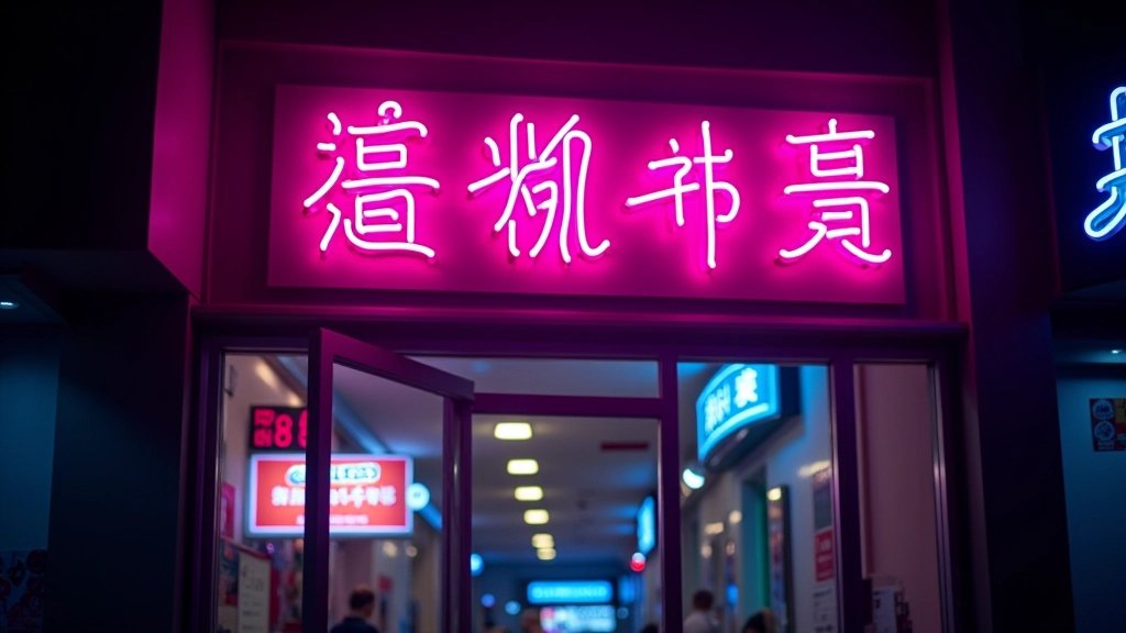 Close-up of glowing neon Chinese characters on Hong Kong storefront at night, pink and cyan neon tubes creating vibrant signage against dark facade