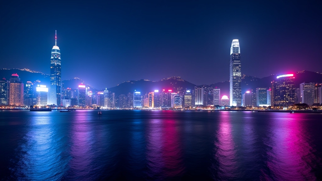 Night harbour view with illuminated buildings and colourful reflections on water