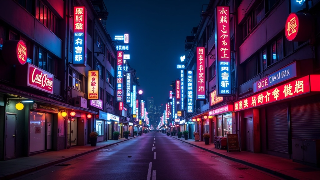 Hong Kong street at night showing multiple glowing neon signs in different colours creating visual layers and depth, harbour buildings illuminated in background