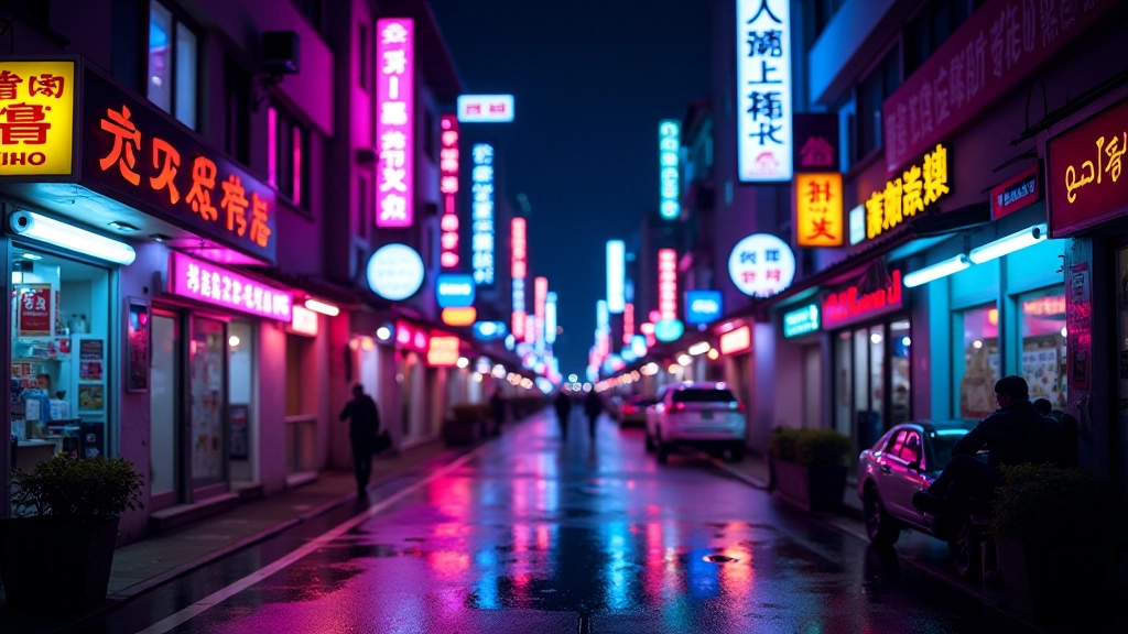 Modern urban street at night with bright neon shop signs reflecting on wet pavement
