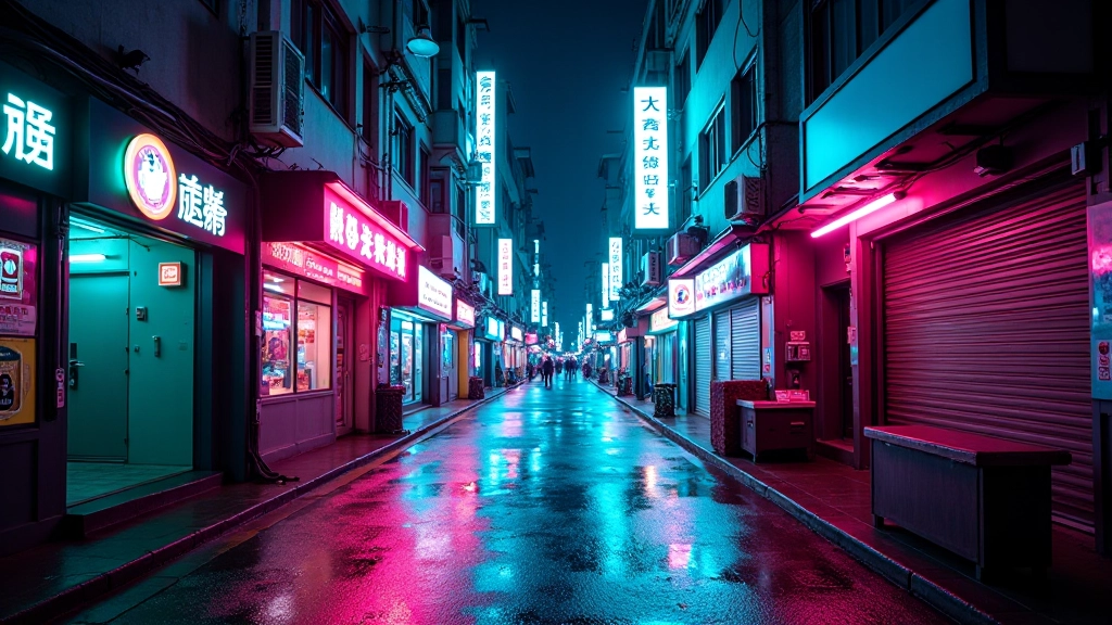 Detailed view of Hong Kong neon signage at night with reflections on wet pavement and vibrant colour palettes