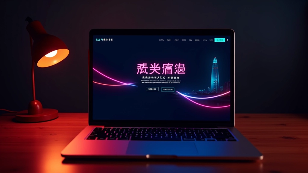 Laptop screen displaying modern dark-themed website interface with cyan and pink accent colours, minimalist design with high contrast, sitting on wooden desk