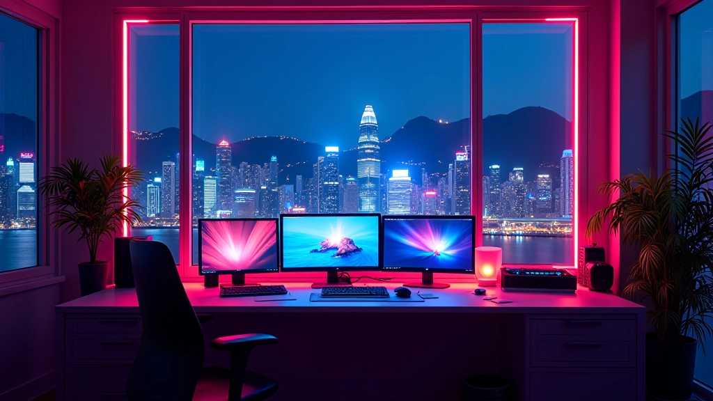 Modern design studio workspace with neon accents and Hong Kong harbour skyline visible through windows