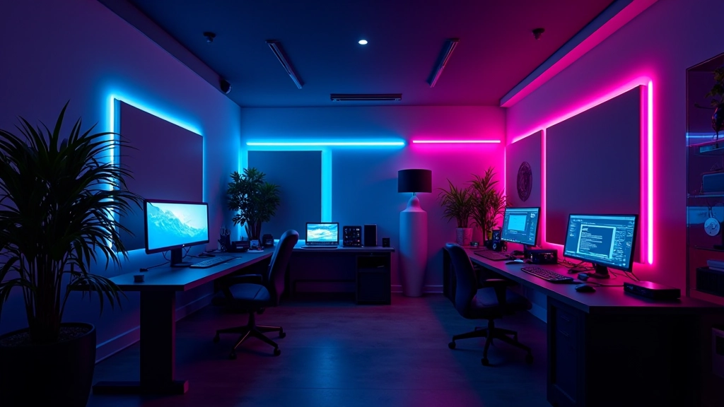 Professional design workspace with neon accent lighting and dark interior