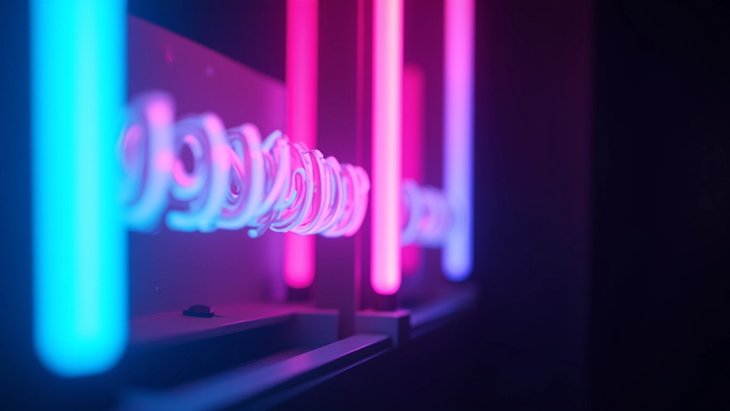 Close-up of illuminated neon sign with cyan and pink glowing tubes against dark night sky