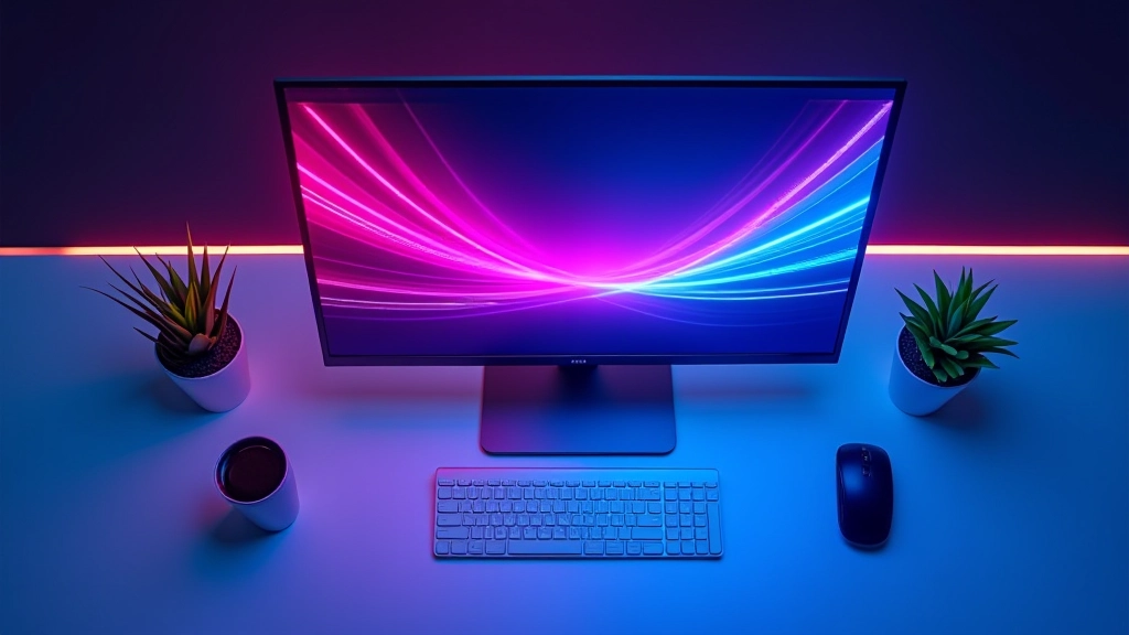 Computer monitor displaying animated gradient trail animation transitioning between cyan and magenta colours
