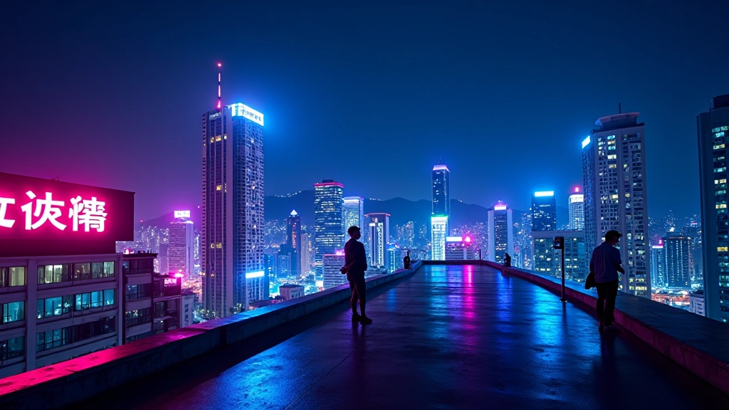 Urban rooftop at night with illuminated signs creating pink and cyan colour cast across buildings