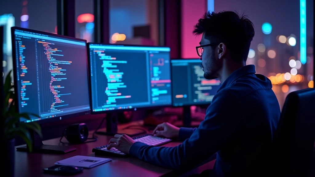 Web designer working on neon-themed interface design with CSS editor open showing color variables and gradient properties